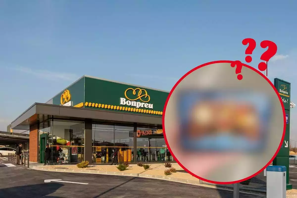 Fotomuntatge amb una imatge d'un bonpreu de fons i una captura de pantalla difuminada i emmarcada d'un producte del supermercat i signes d'interrogació