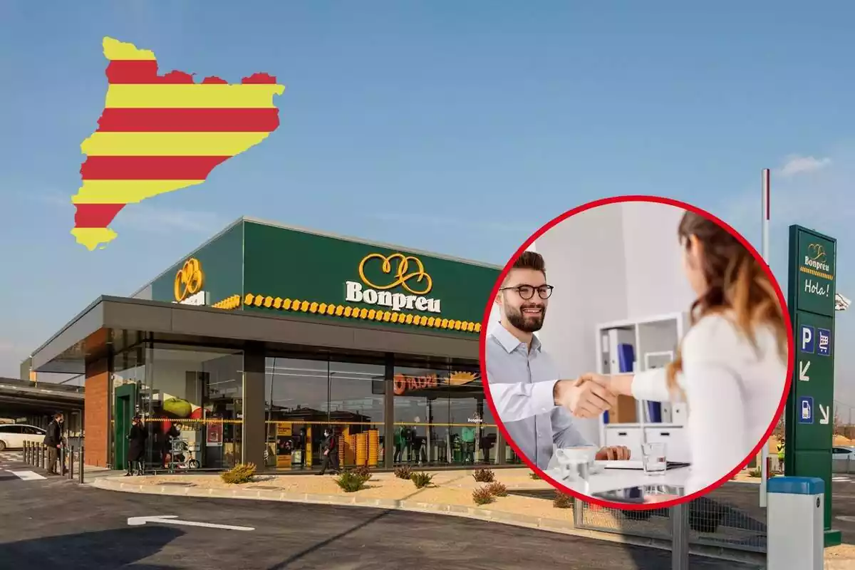 Fotomuntatge amb un fons d'un supermercat Bonpreu, una bandera catalana i una foto d'una entrevista de feina dins un marc circular