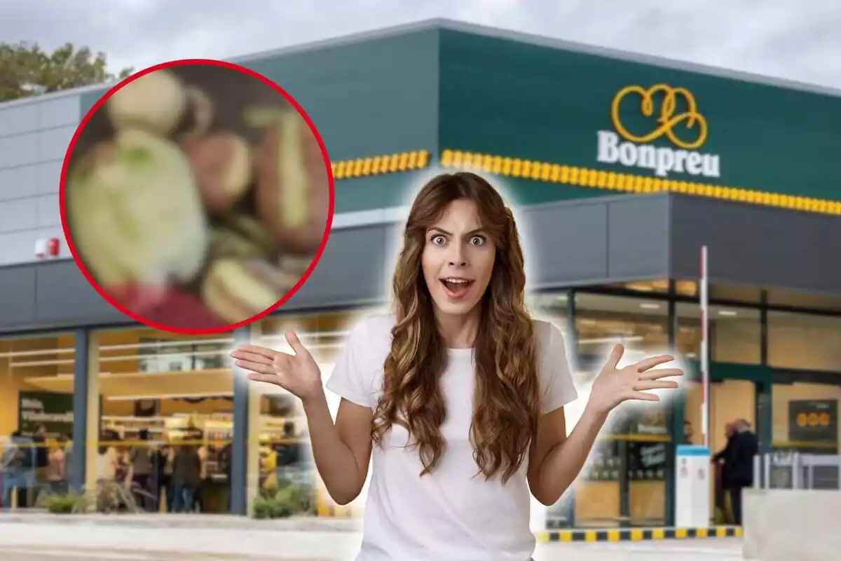 Muntatge fotogràfic entre una imatge d'un supermercat Bonpreu i una persona enfadada