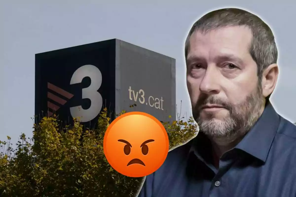 A man with a serious expression next to a building with the logo "3" and "tv3.cat," with an angry emoji superimposed.