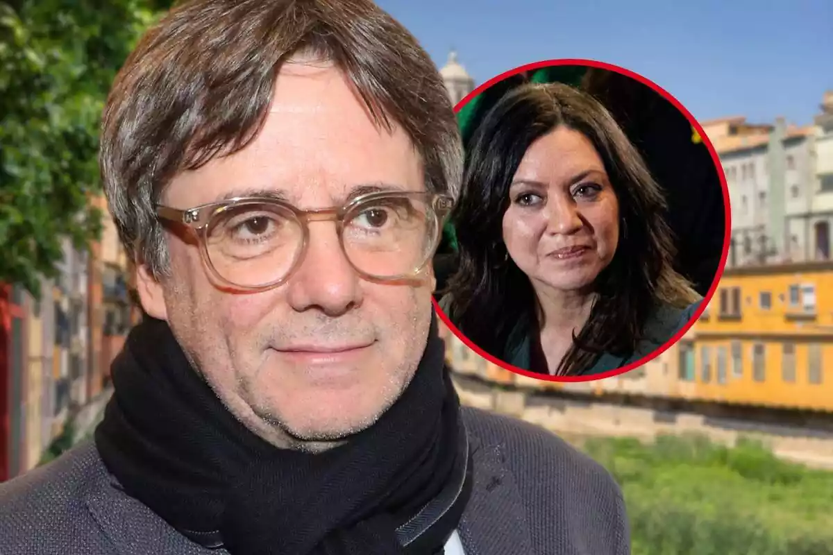 Fotomuntatge de Carles Puigdemont i la seva dona, Marcela Topor, amb una foto de la ciutat de Girona de fons