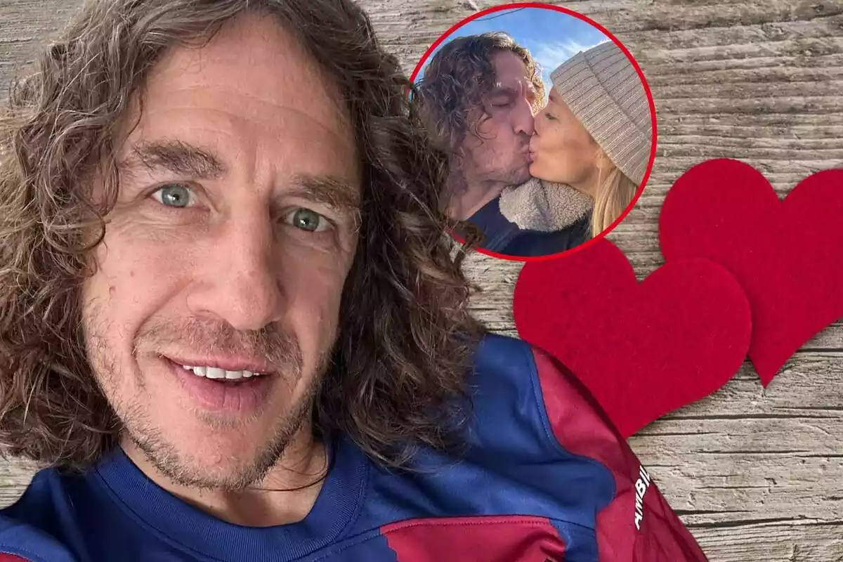 Fotomuntatge de Carles Puyol amb una imatge de Vanesa Lorenzo, la seva dona, i un fons amb dos cors