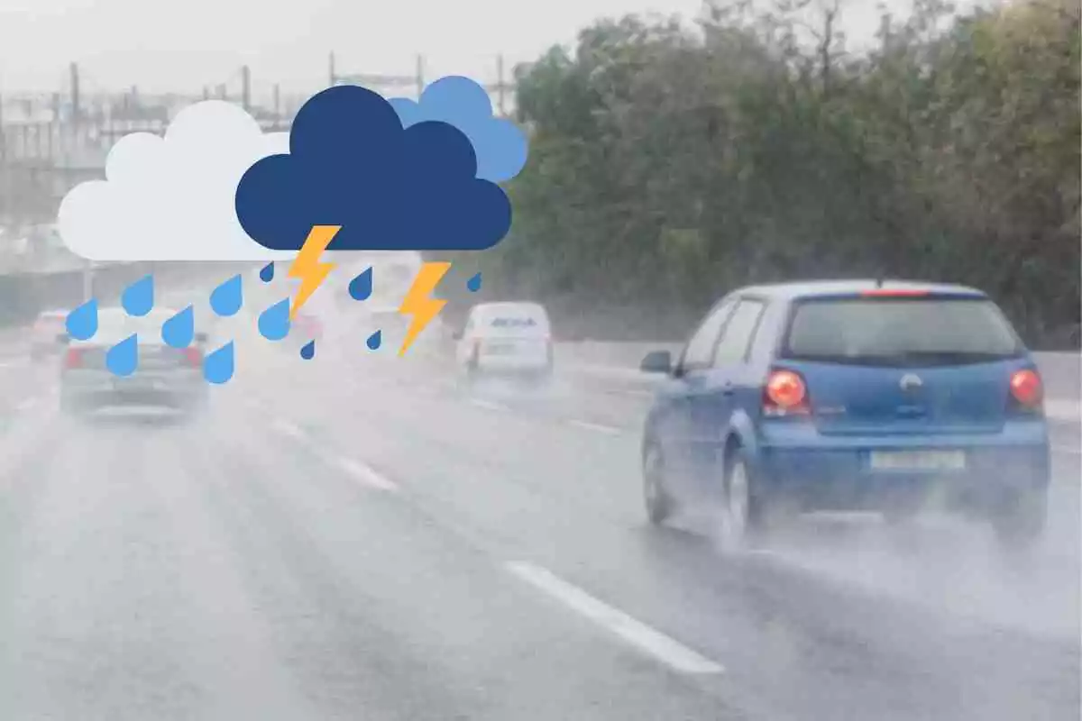 Fotomuntatge amb una carretera i amb emojis de núvols, pluja i tempesta