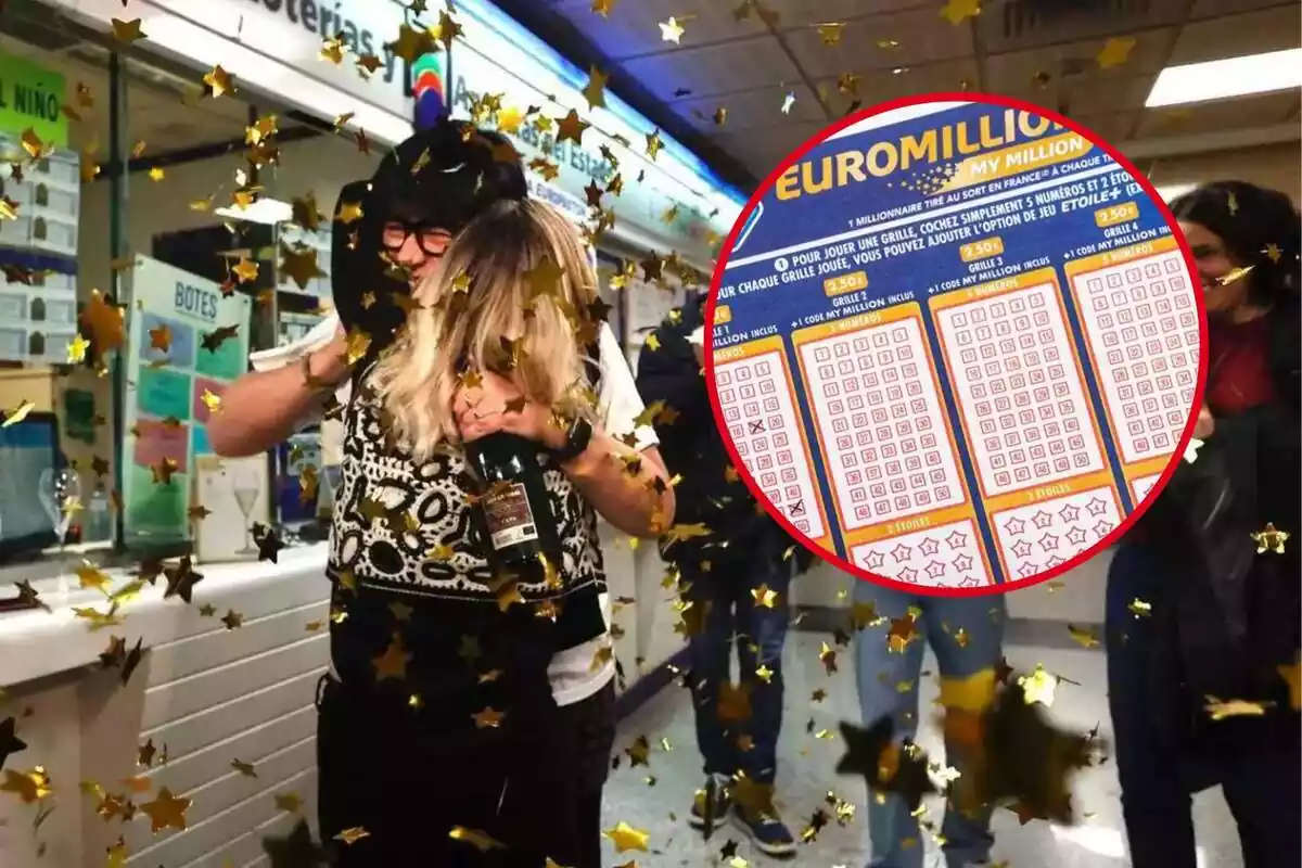 Muntatge fotogràfic entre dues persones celebrant que els hi ha tocat la loteria i una butlleta del Euromillones