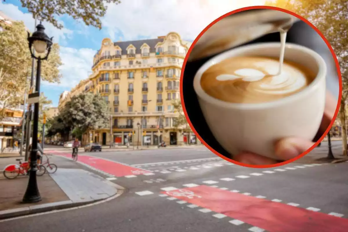 Fotomuntatge amb una imatge de fons de la ciutat de Barcelona i al capdavant una rodona vermella amb un cafè amb llet