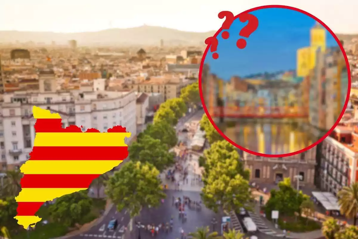 Fotomuntatge amb una imatge d'una ciutat de fons, davant una rodona vermella amb una foto difuminada de Girona amb interrogants i un mapa de Catalunya amb la bandera catalana