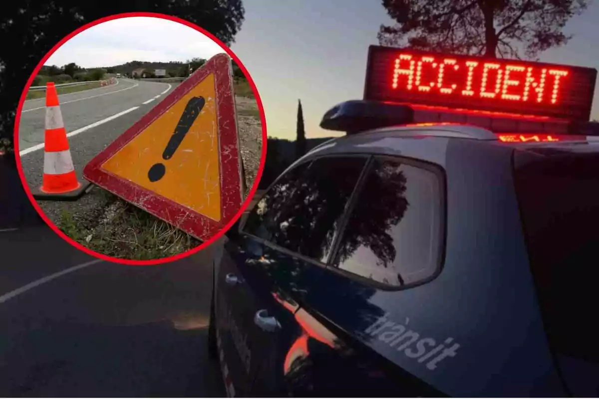 Senyal d'advertència de perill en una carretera al costat d'un con de trànsit, amb un cotxe de policia i un rètol lluminós que indica "ACCIDENT" al fons.