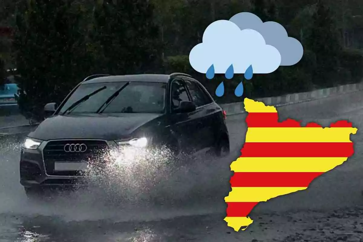 Un coche Audi negro conduciendo bajo la lluvia con un mapa de Cataluña y un icono de nube con lluvia.