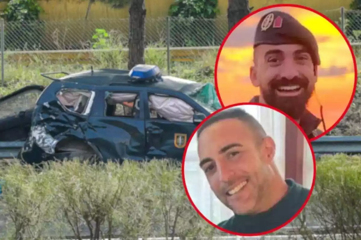 Fotomuntatge amb una imatge de fons del cotxe de la Guàrdia Civil atropellat a l'AP-4 i les cares dels guàrdia civils Eneko i Juan Jesús
