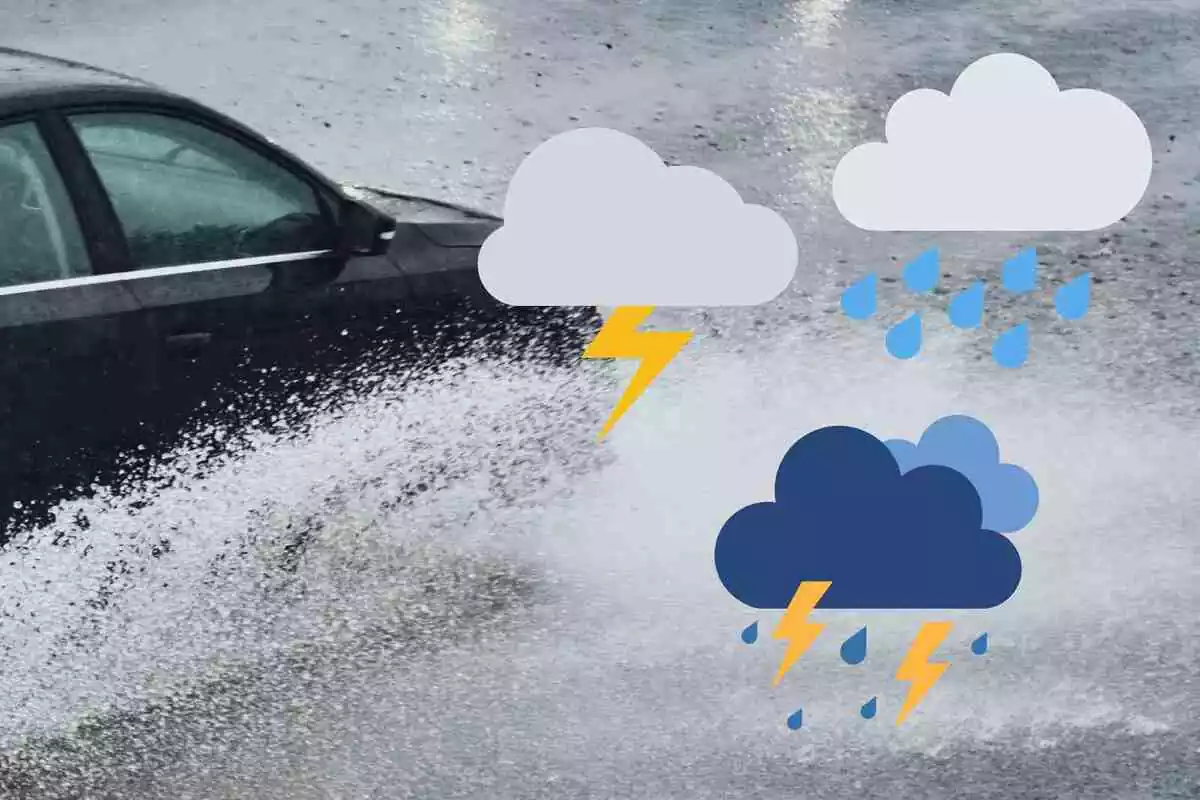 Fotomuntatge amb una imatge d'un cotxe en un temporal de pluja intensa i al capdavant diversos emojis de núvols amb pluja i tempestes