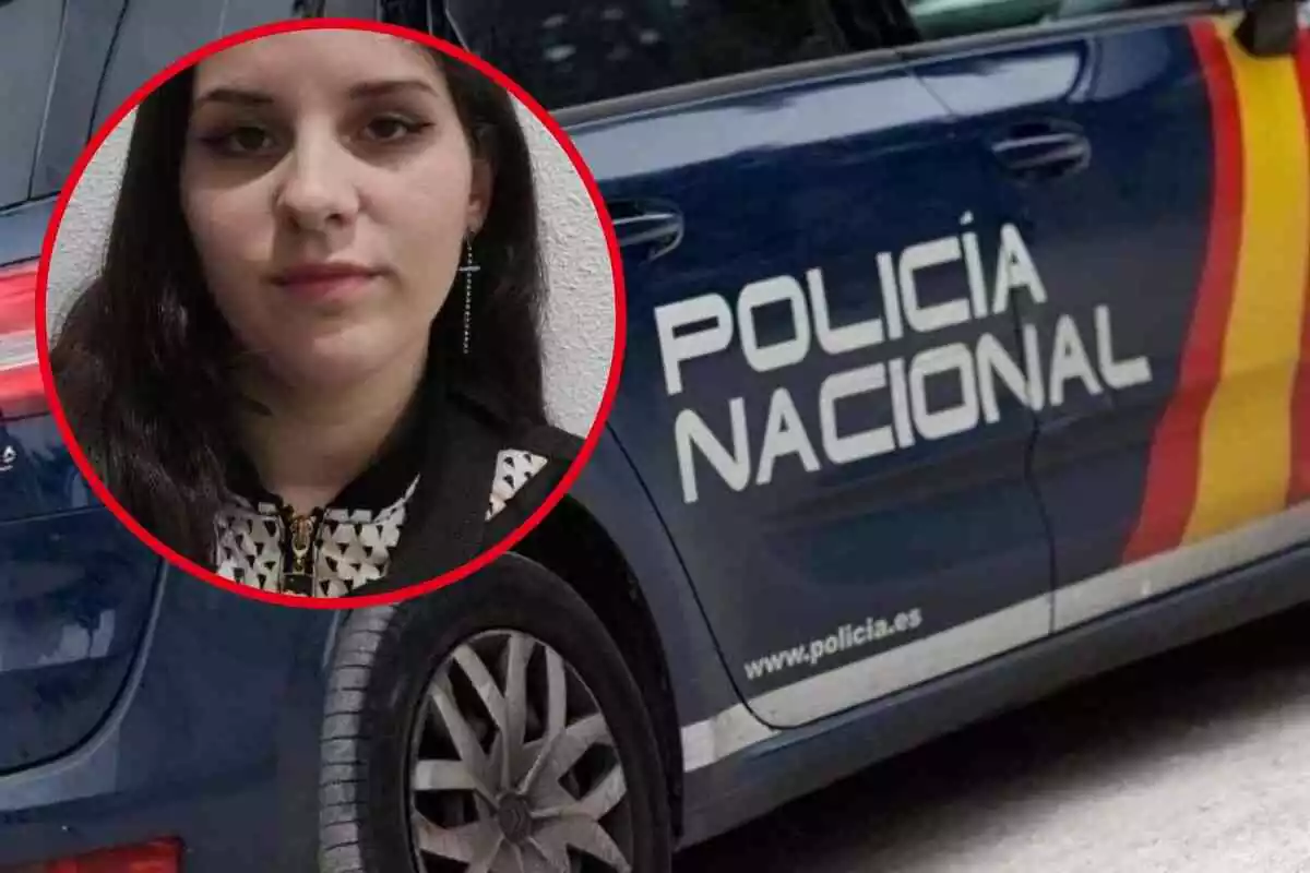 Fotomuntatge amb una imatge de fons d'un cotxe de la Policia Nacional i una rodona vermella amb Helena, la menor de 15 anys desapareguda