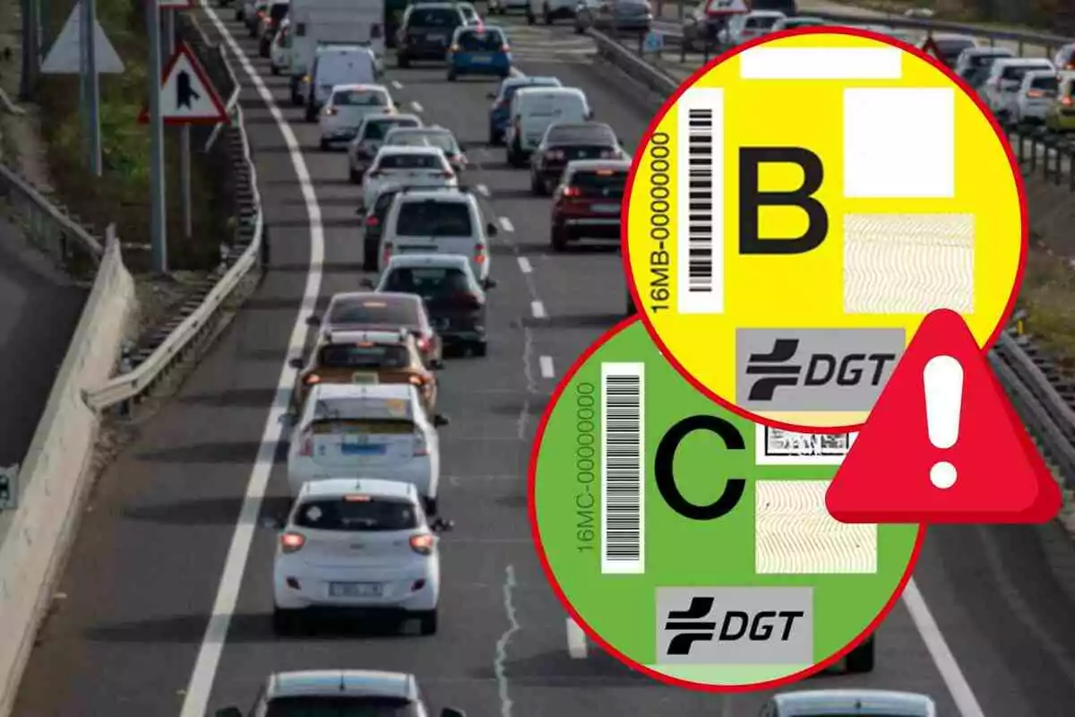 Fotomuntatge amb una imatge de fons de cotxes a una carretera i al capdavant dues rodones vermelles amb les etiquetes B i C i un símbol d'alerta