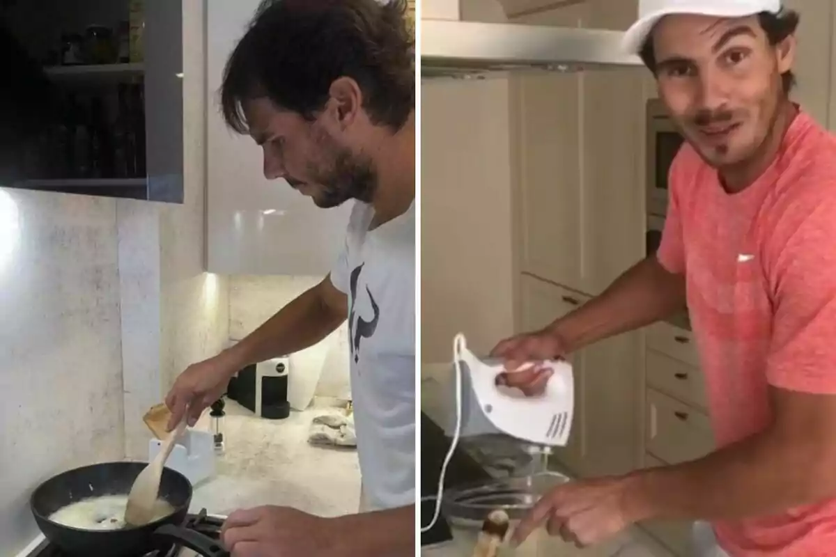 Dos hombres cocinando en una cocina moderna, uno usando una sartén y el otro una batidora eléctrica.