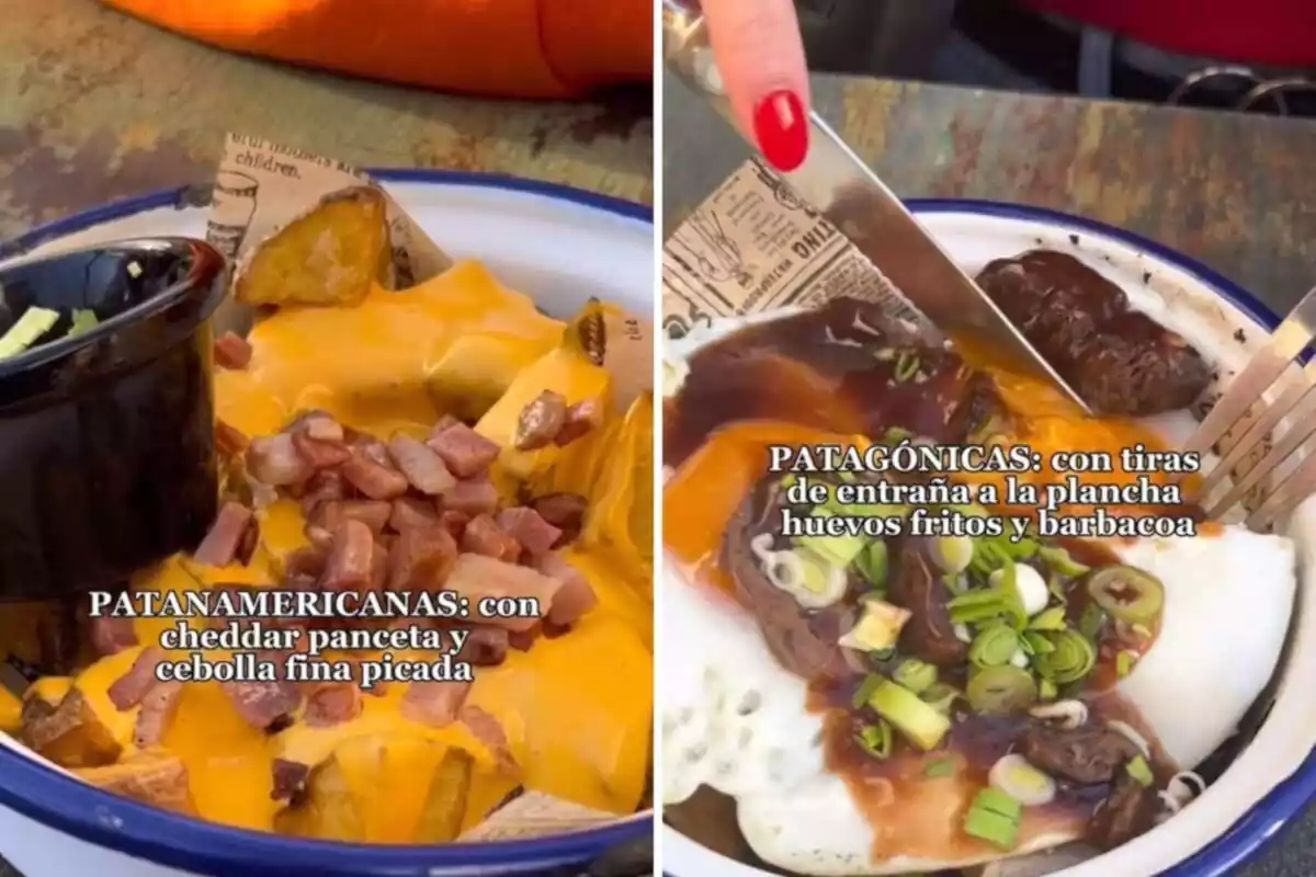 Fotomuntatge amb dues imatges del tiktok de les patates braves del restaurant Papanato de Barcelona