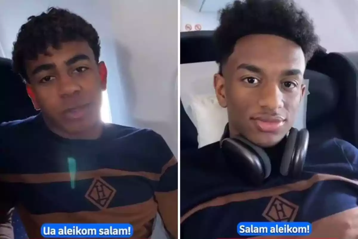 Fotomuntatge amb dues captures del vídeo pujat pel FC Barcelona dels jugadors del primer equip parlant en àrab