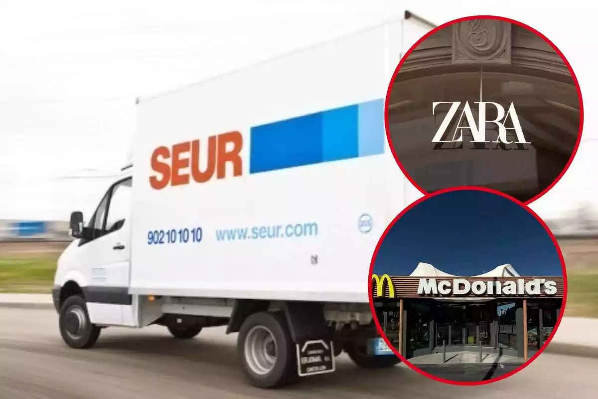 Fotomuntatge amb el camió de transport de SEUR de fons i dues rodones vermelles al capdavant amb els logos de Zara i McDonald's