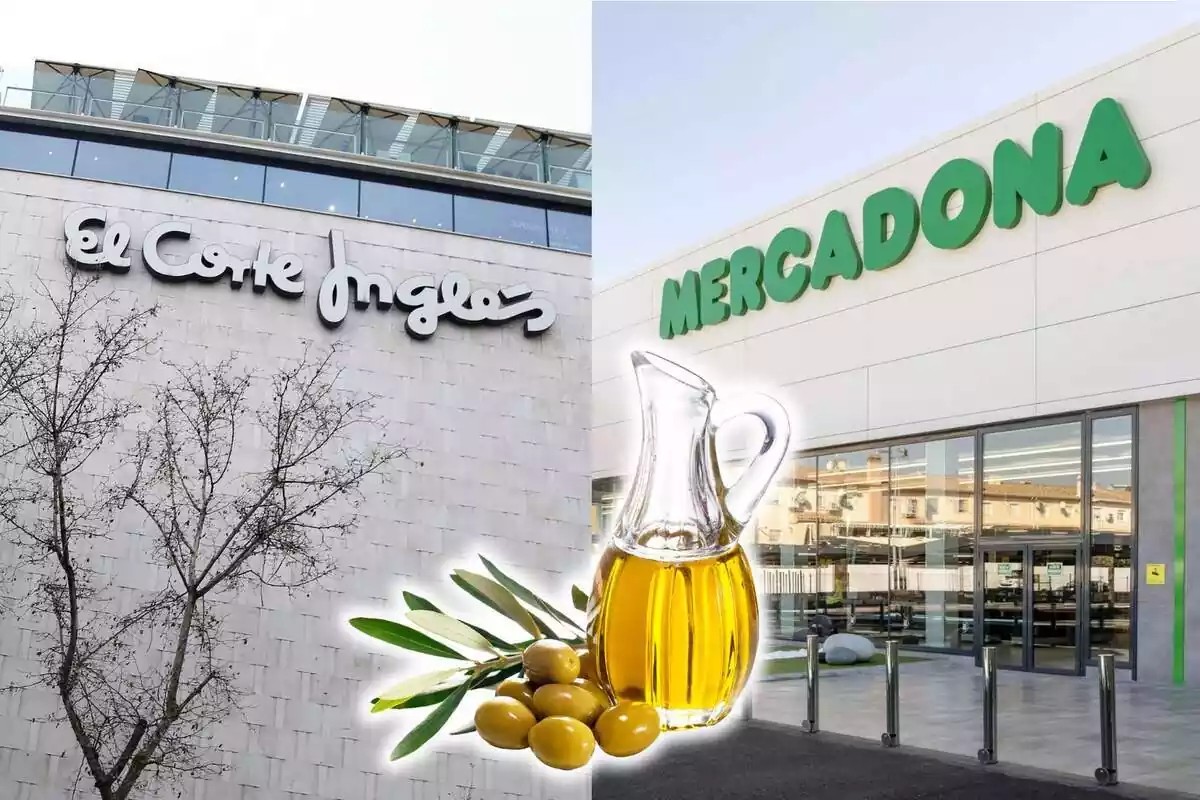 Fotomuntatge amb exterior d'un centre comercial El Corte Inglés, un supermercat Mercadona i oli d'oliva