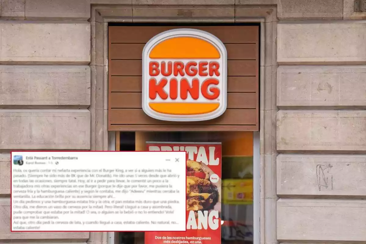 Fotomuntatge amb una imatge de fons de l'exterior d'un restaurant Burger King de Barcelona i al capdavant el missatge d'una clienta a Facebook