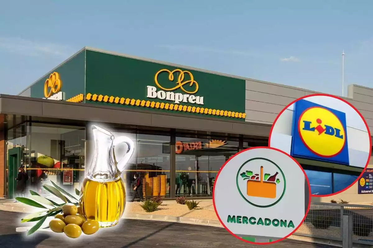 Fotomuntatge amb un fons d'un supermercat Bonpreu, dues rodones amb els logos de Mercadona i Lidl, i un oli d'oliva al capdavant