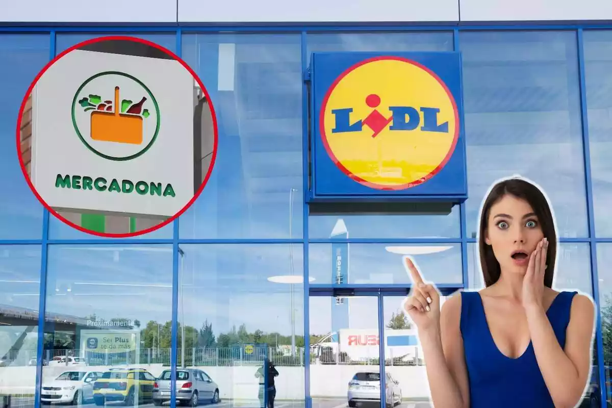 Fotomuntatge amb una imatge de fons de l'exterior d'un supermercat Lidl, i al capdavant una rodona vermella amb el logotip de Mercadona i una dona sorpresa i assenyalant cap amunt
