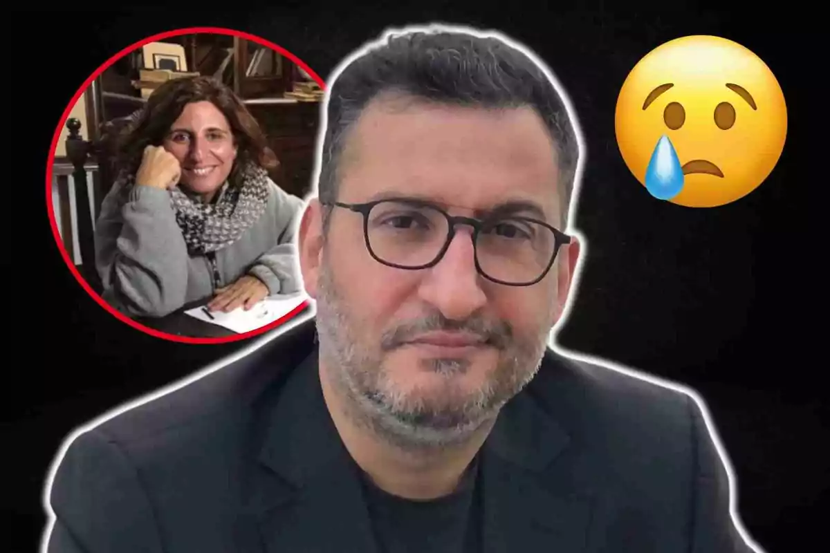 Toni Soler amb ulleres i barba en primer pla, Sílvia Soler somrient en un cercle vermell a la cantonada superior esquerra i un emoji trist amb una llàgrima a la cantonada superior dreta.