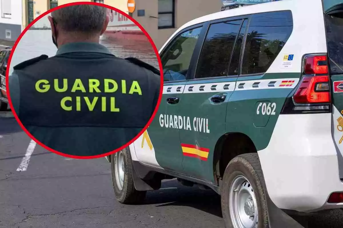 Fotomuntatge amb una imatge de fons d'un cotxe de la Guàrdia Civil i una rodona vermella al capdavant amb un agent del cos d'esquena