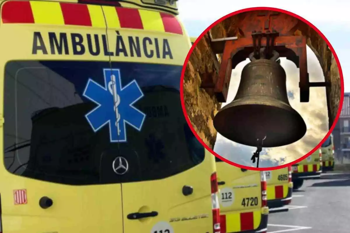 Fotomuntatge amb una imatge de fons d'una ambulància del SEM i al capdavant una rodona vermella amb una campana