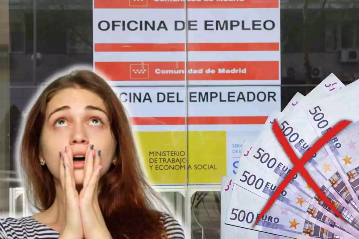 Una dona amb expressió de preocupació és davant d'una oficina d'ocupació a Madrid, amb bitllets de 500 euros ratllats en primer pla.