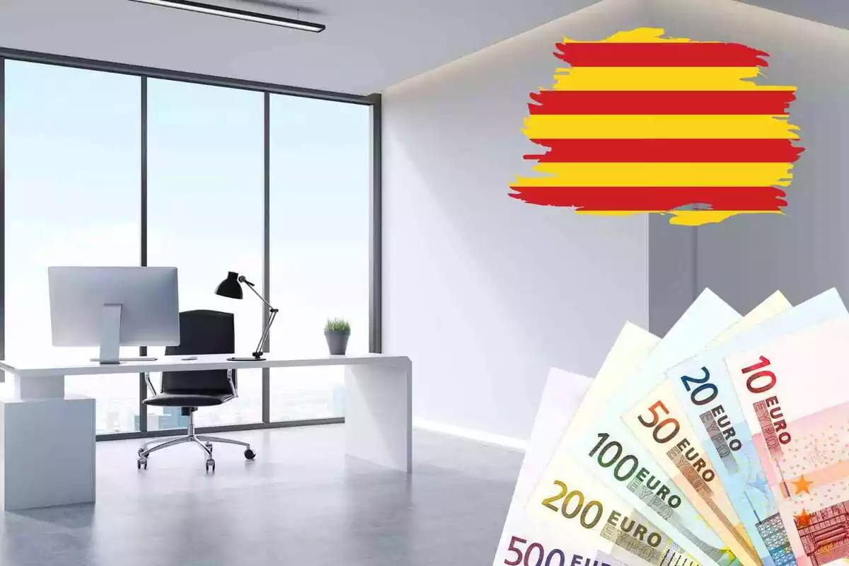 Fotomuntatge amb imatge de fons d'una oficina d'una empresa i al capdavant un ventall de bitllets i una bandera catalana