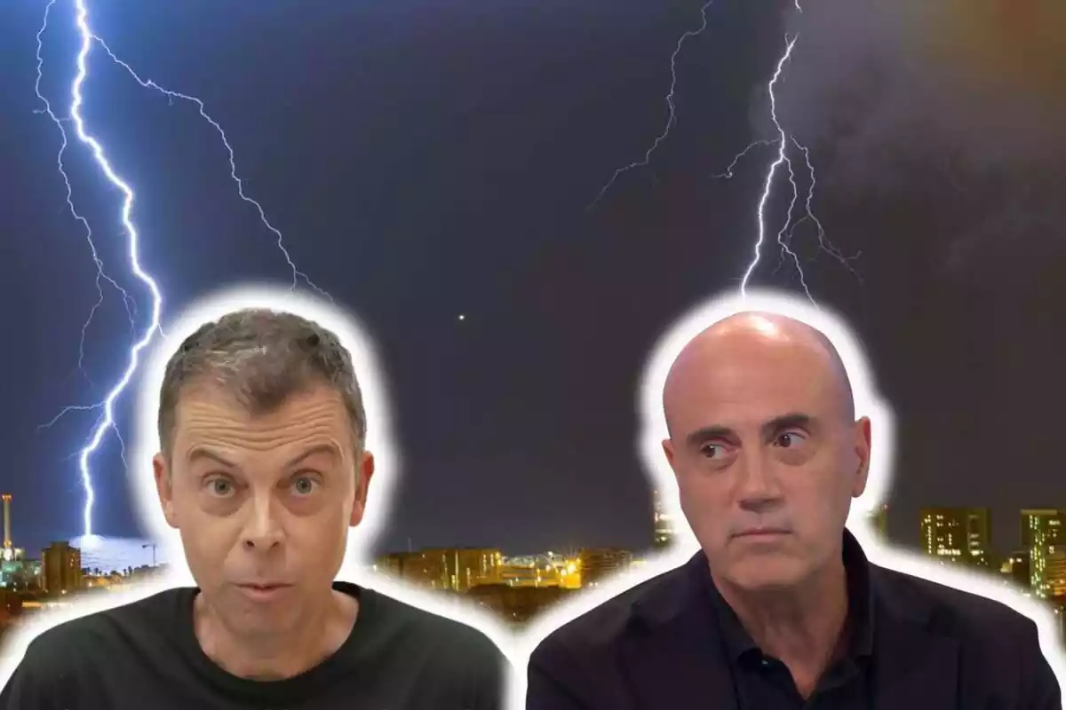 Fotomuntatge amb les cares de Francesc Mauri i Tomàs Molina seriosos amb un fons de tempesta