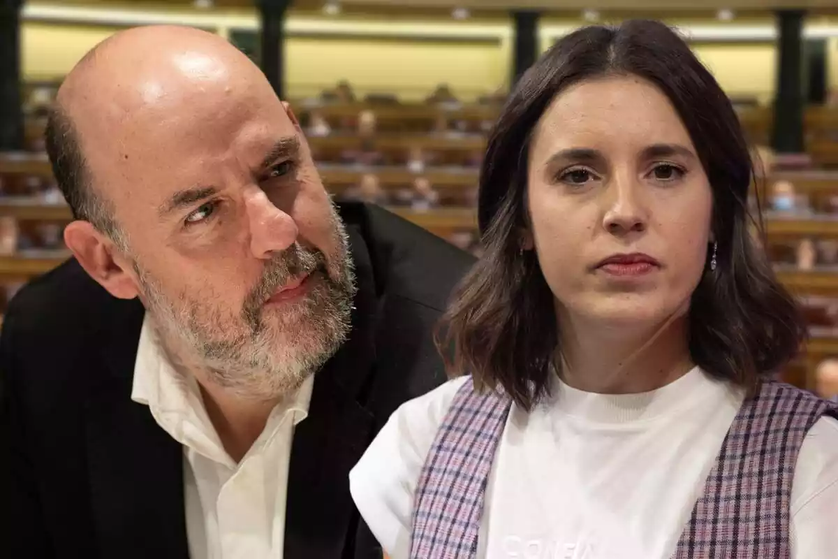 Fotomuntatge amb les cares de Jordi Basté i Irene Montero al capdavant i de fons una imatge difuminada d'un ple del Congrés