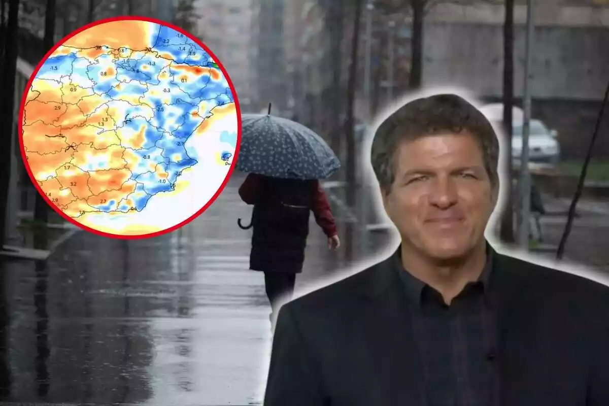 Fotomuntatge amb una imatge de fons d'una persona passejant sota la pluja amb un paraigua a la mà, i al capdavant la cara del meteoròleg Mario Picazo somrient i una rodona vermella amb una captura del mapa d'Espanya amb el front atlàntic anunciat