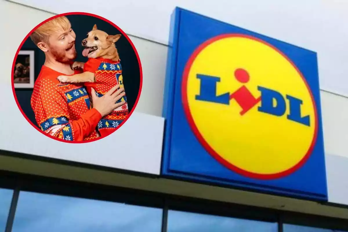 Fotomuntatge del logotip de Lidl a l'exterior d'un supermercat de fons i al capdavant una rodona vermella amb la imatge d'un home i el seu gos amb els jerseis nadalencs vermells de Lidl a conjunt