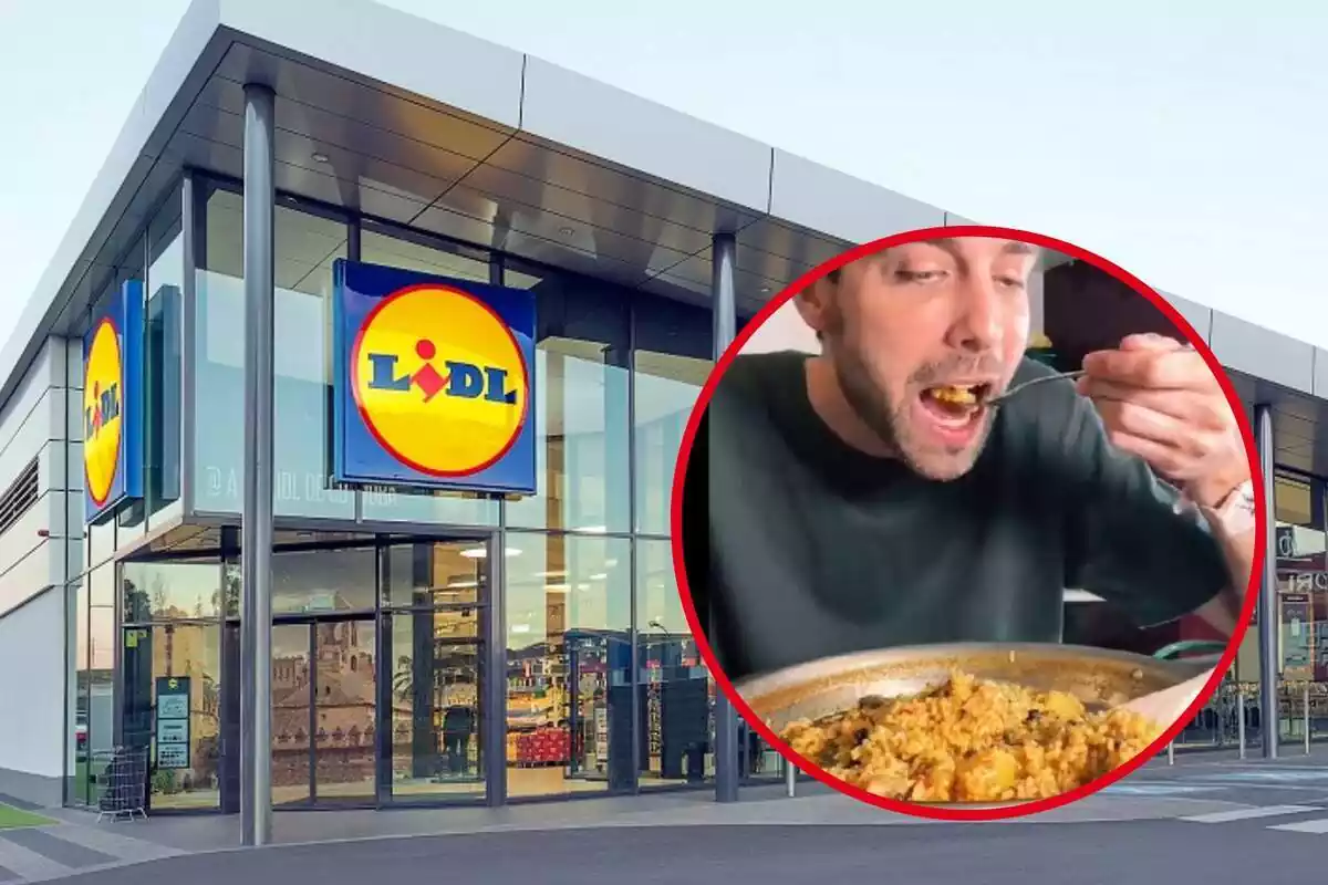 Fotomuntatge amb fragment d'un home menjant un kit de paella de Lidl i de fons l'exterior d'un supermercat Lidl
