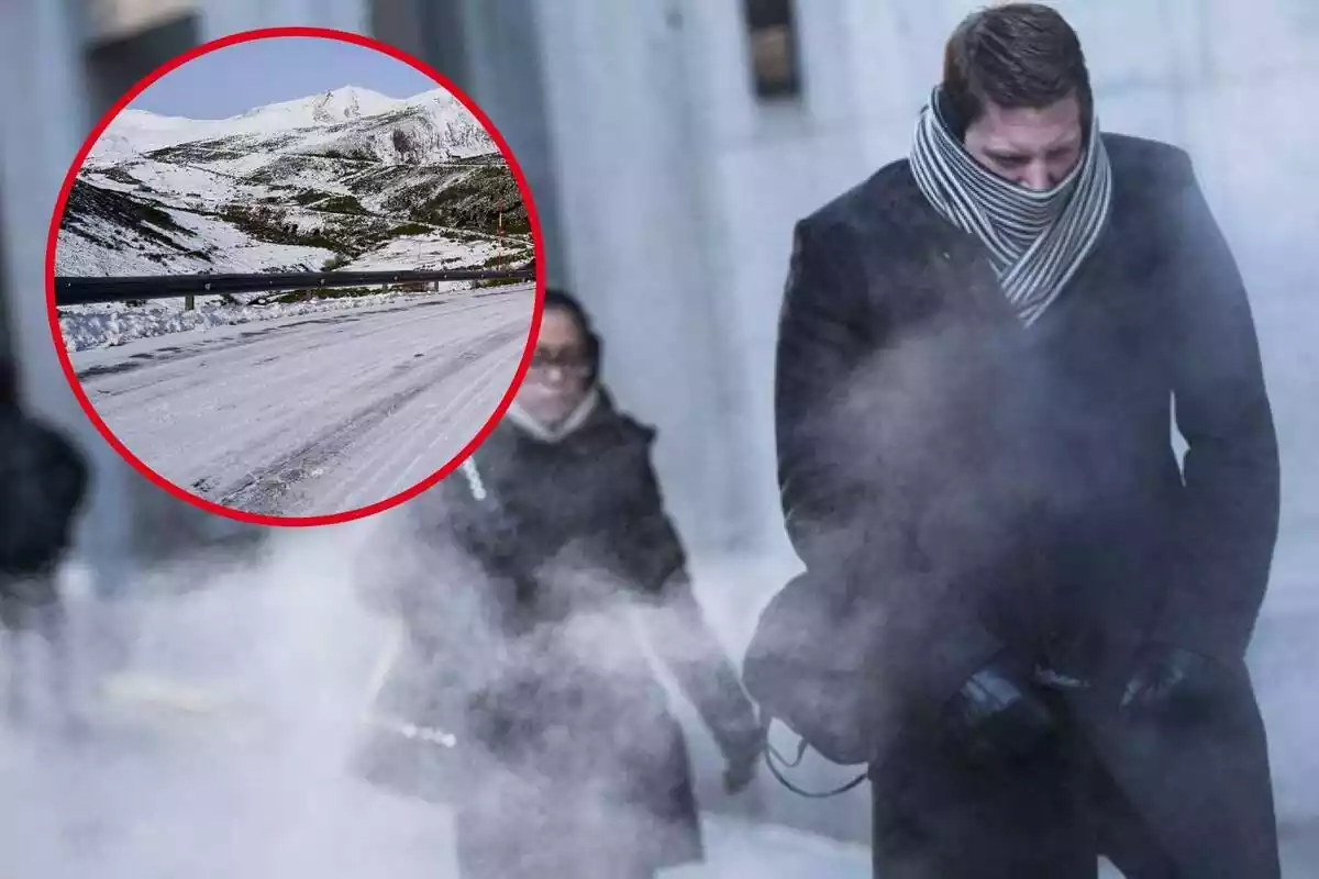 Fotomuntatge amb una imatge de fons de dues persones passant fred pel carrer i una rodona vermella al capdavant amb una imatge d'un paisatge nevat