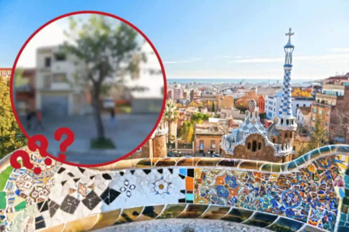 Fotomuntatge amb una imatge de fons del Parc Güell de Barcelona i una rodona vermella amb interrogants amb una imatge difuminada del barri del Culubret de Figueres