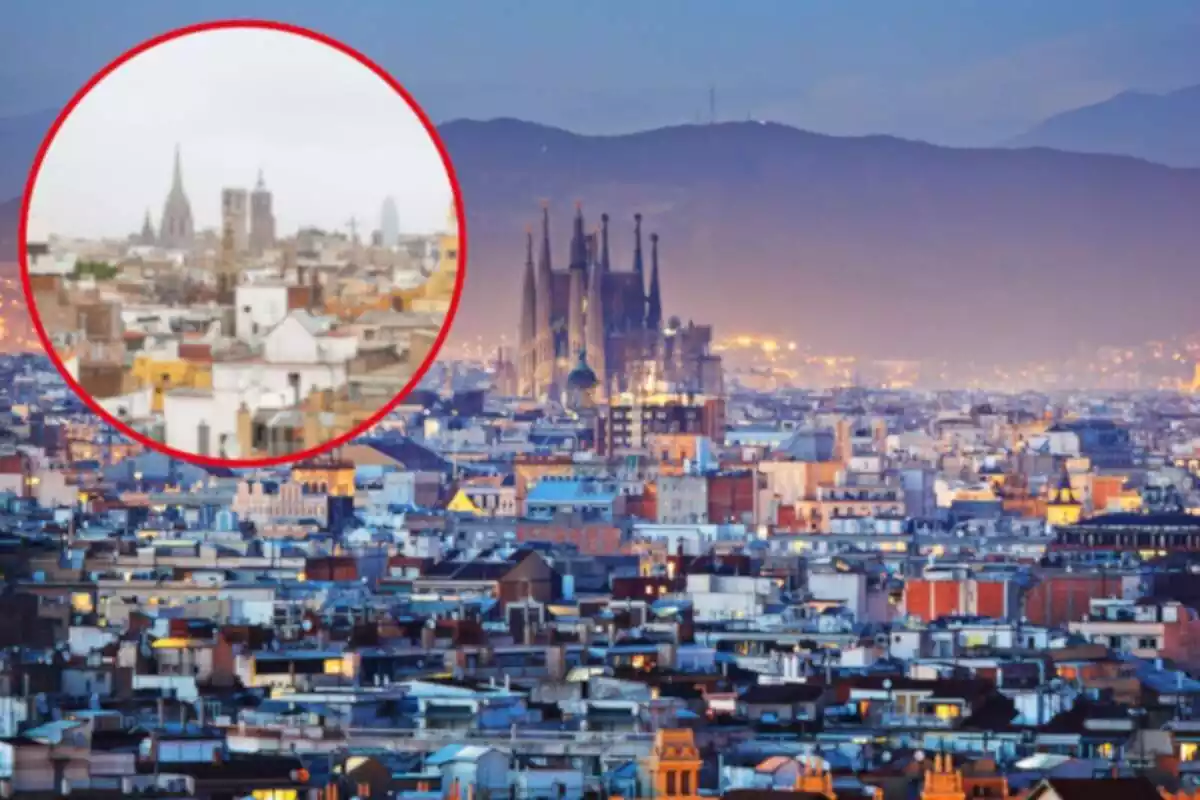 Fotomuntatge amb una imatge de fons de la ciutat de Barcelona i al capdavant una rodona vermella amb el barri del Raval