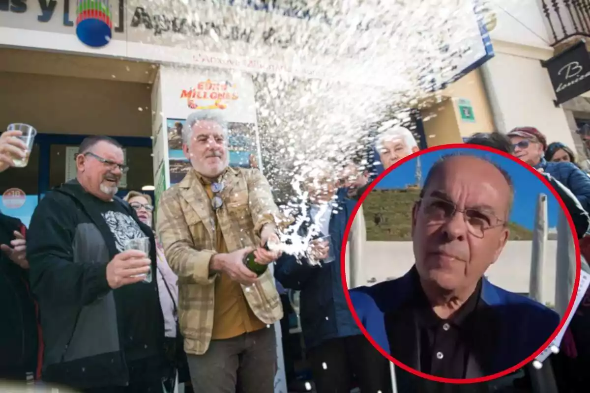 Fotomuntatge amb una imatge de fons de la celebració d'un primer premi de la loteria i una rodona vermella amb la cara del mag espanyol Xerax