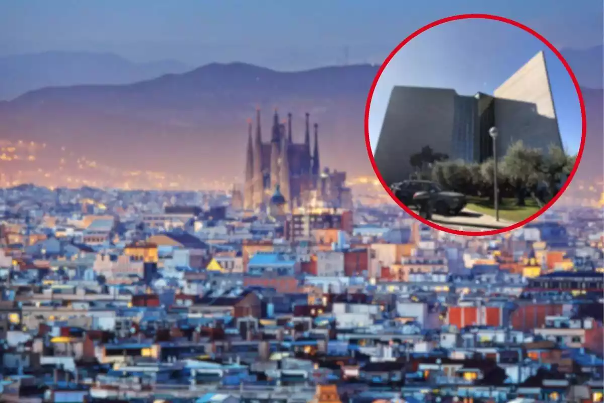 Fotomuntatge amb una imatge de fons de la ciutat de Barcelona i al capdavant una rodona vermella amb l'hotel Torre Melina d'Hotels Meliá de Barcelona