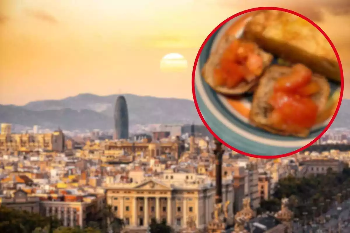 Fotomuntatge amb una imatge de fons de la ciutat de Barcelona i al capdavant una rodona vermella amb el plat de pa amb tomàquet