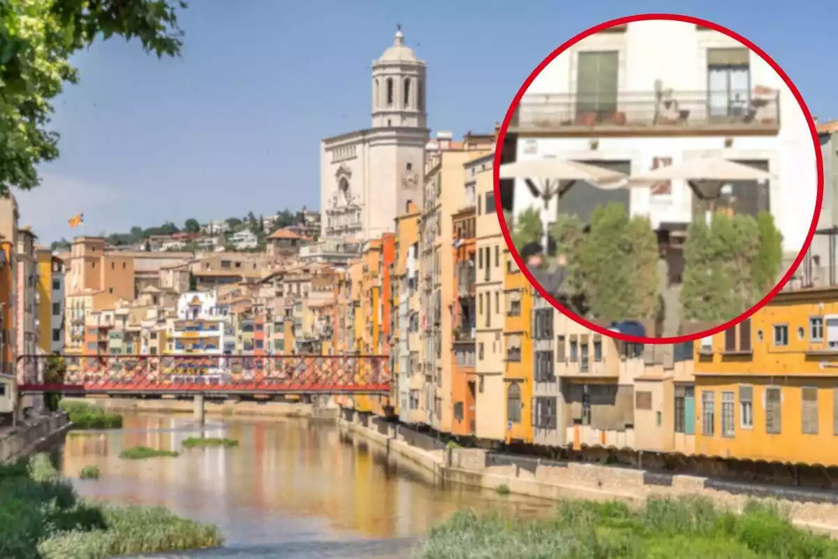 Fotomuntatge amb una imatge de fons de la ciutat de Girona i una rodona vermella amb el bar The River Cafè difuminat