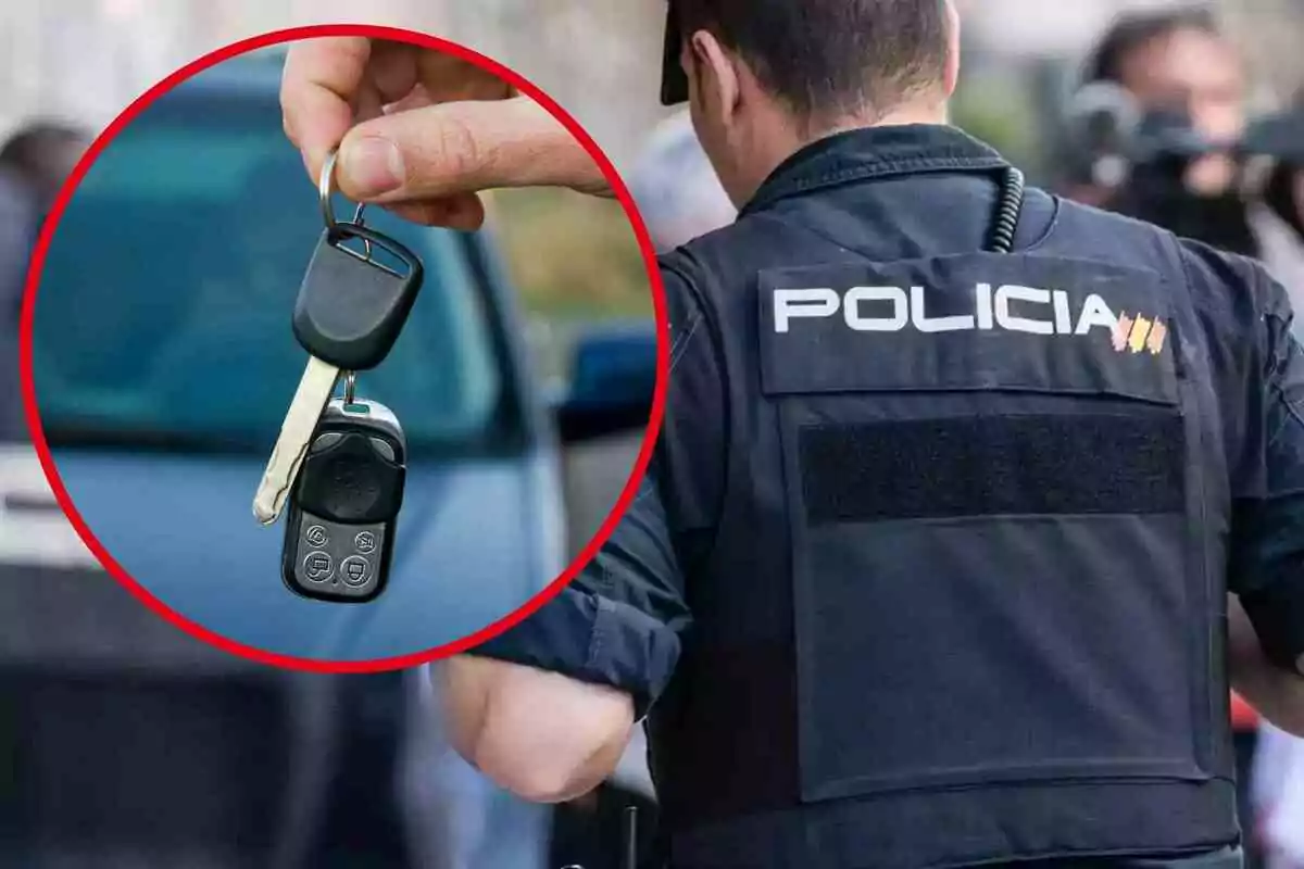 Fotomuntatge amb una imatge de fons d'un agent de la Policia i al capdavant una rodona vermella amb claus de cotxe
