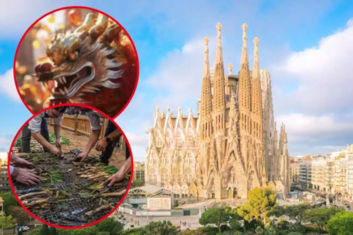 Fotomuntatge amb una imatge de fons de la Sagrada Família de Barcelona i al capdavant dues rodones vermelles amb una calçotada i l'Any Nou Xinès