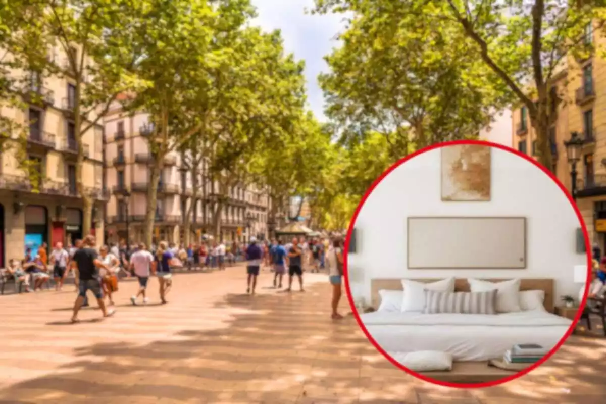 Fotomuntatge amb una imatge de fons de la Rambla de Barcelona i al capdavant una rodona vermella amb la imatge del dormitori de l'àtic del Gòtic de Barcelona d'Idealista