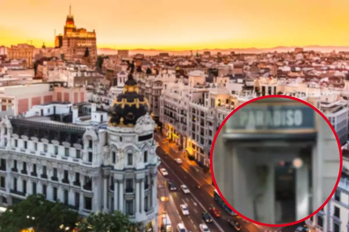 Fotomuntatge amb una imatge de fons de la ciutat de Madrid i al capdavant una rodona vermella amb la imatge difuminada de l'exterior de la cocteleria Paradiso de Barcelona
