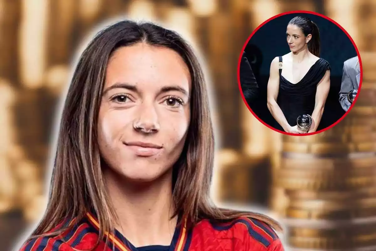 Fotomuntatge amb una imatge de fons difuminada de monedes amuntegades i al capdavant Aitana Bonmatí i una rodona vermella amb ella a la gala de la FIFA