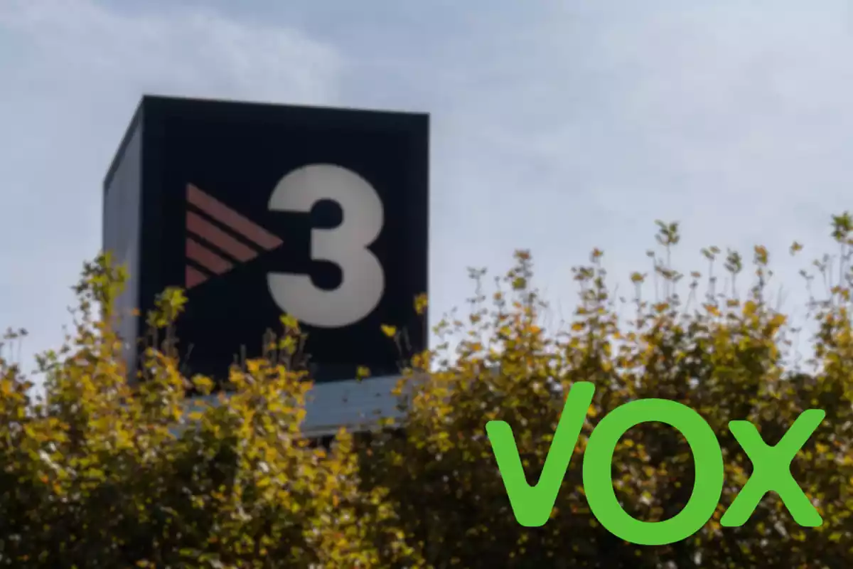 Fotomuntatge amb una imatge de fons dels estudis de TV3 i al capdavant el logo de Vox