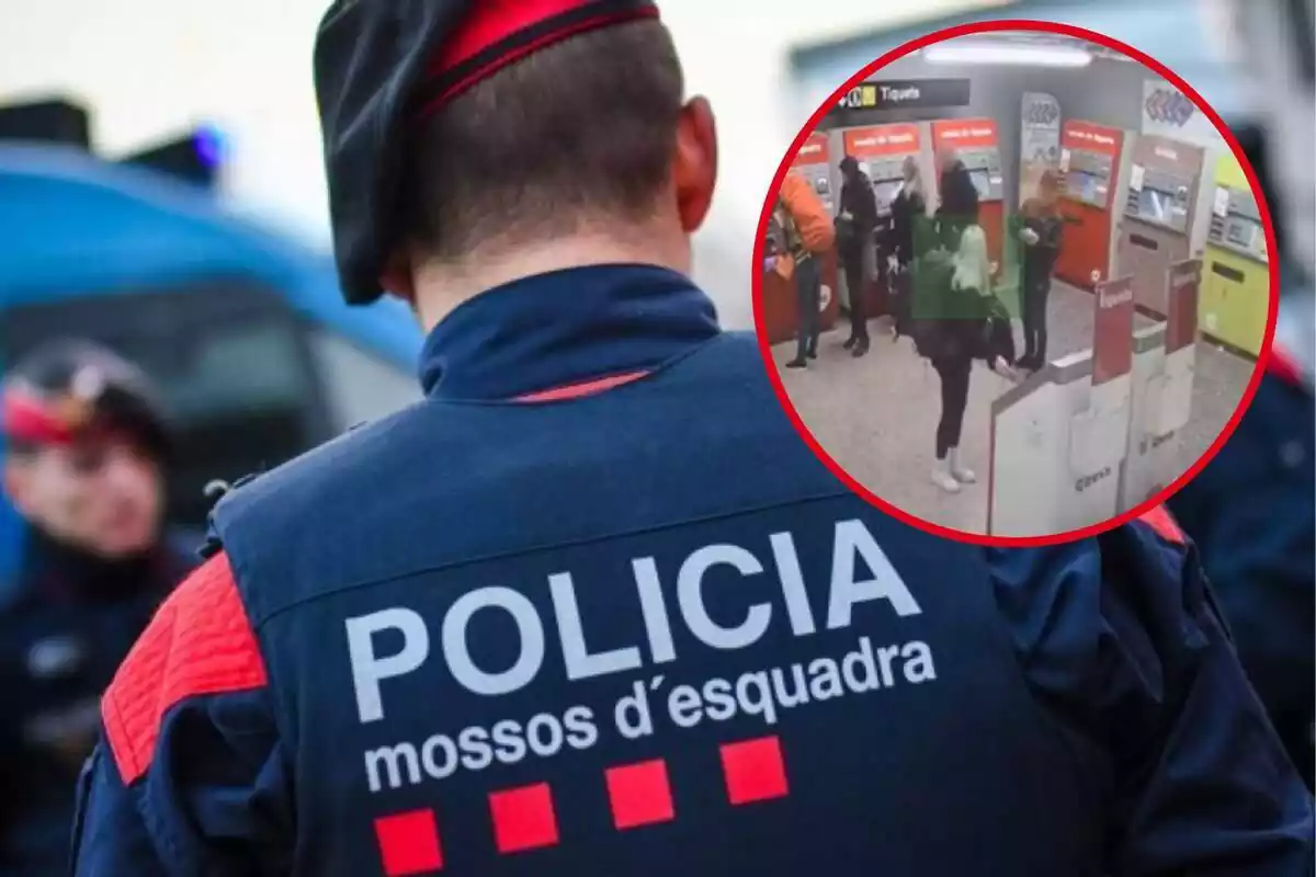 Fotomuntatge amb una foto de fons d'un agent dels Mossos d'Esquadra d'esquena i una rodona vermella amb el mètode de la taca