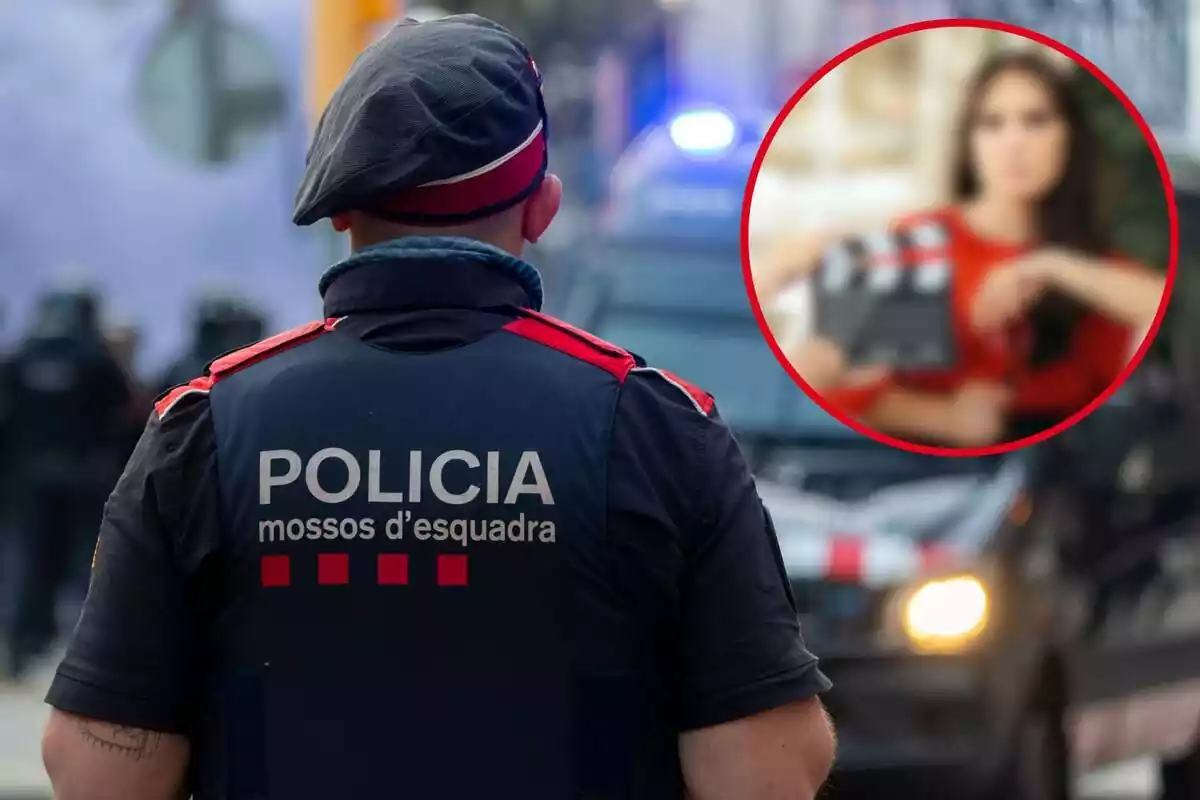 Fotomuntatge amb una imatge de fons d?un agent dels Mossos d?Esquadra d?esquena i al capdavant una rodona vermella amb una imatge difuminada d?una actriu