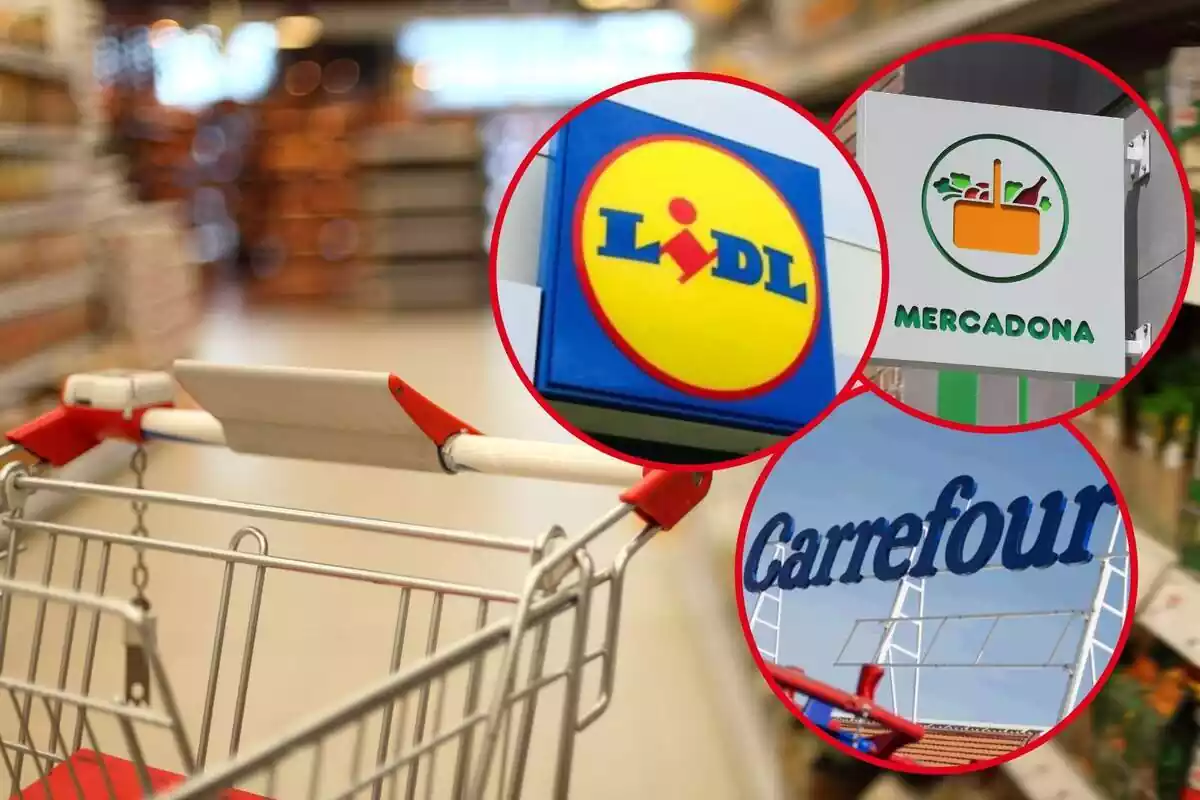 Fotomuntatge amb una imatge de fons d'un carret de supermercat i els logos de Lidl, Carrefour i Mercadona al capdavant en tres rodones vermelles